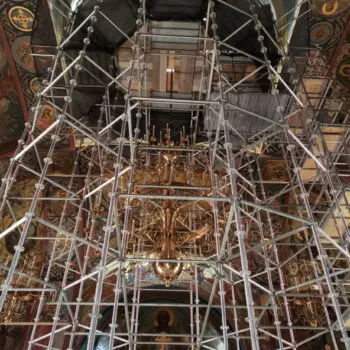 Church interior with restoration scaffolding