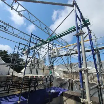 Construction site with metal scaffolding