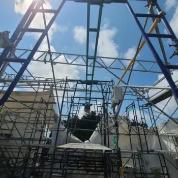 Construction scaffold under blue sky