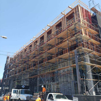 Building under construction with scaffolding